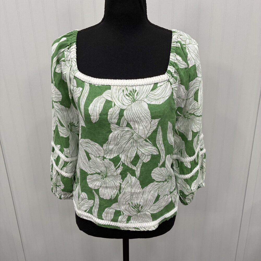 Tahari Women’s XL Green White 100% Linen Tropical Floral Blouse Peasant Boho